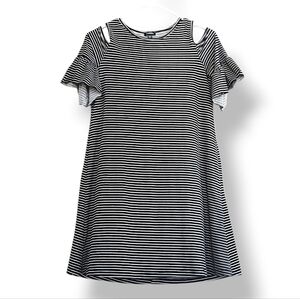 Zunie Black White Striped Extra Long Blouse Cut Out Flutter Ruffle Skater Mini